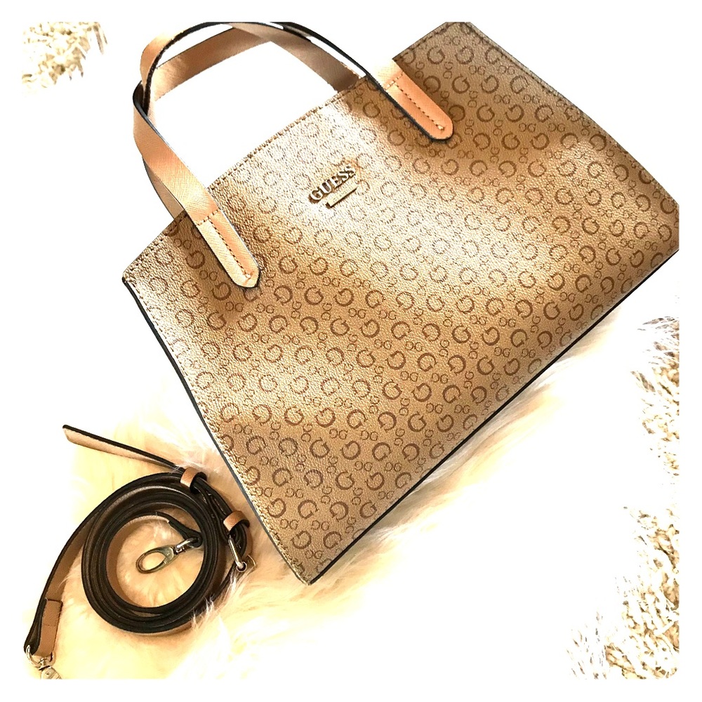 Guess Hand Bag, Beige with brown, includes strap.